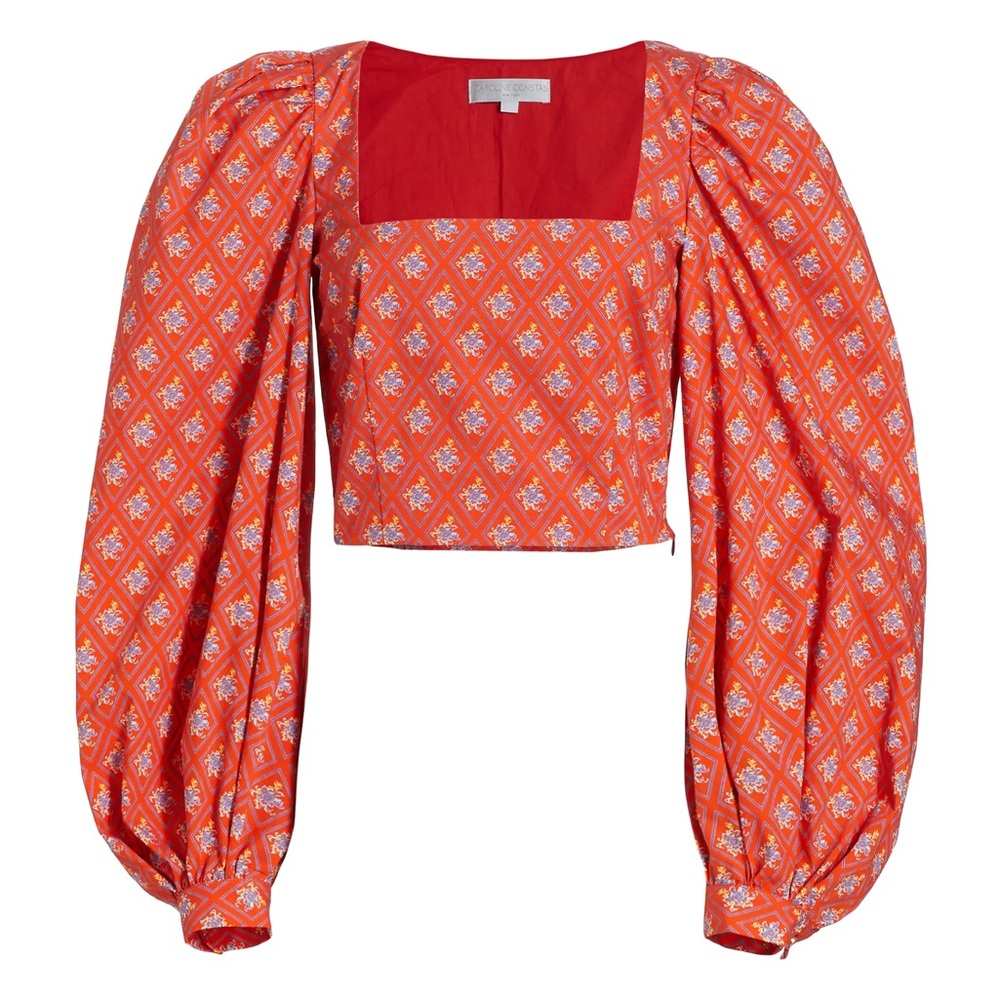 Caroline Constas Red and White Patterned Crop Top
